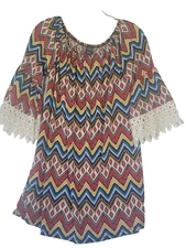 Win Win Half Sleeve Lace Tunic Womens L - XL Multicolor Geometric Hippie  EUC