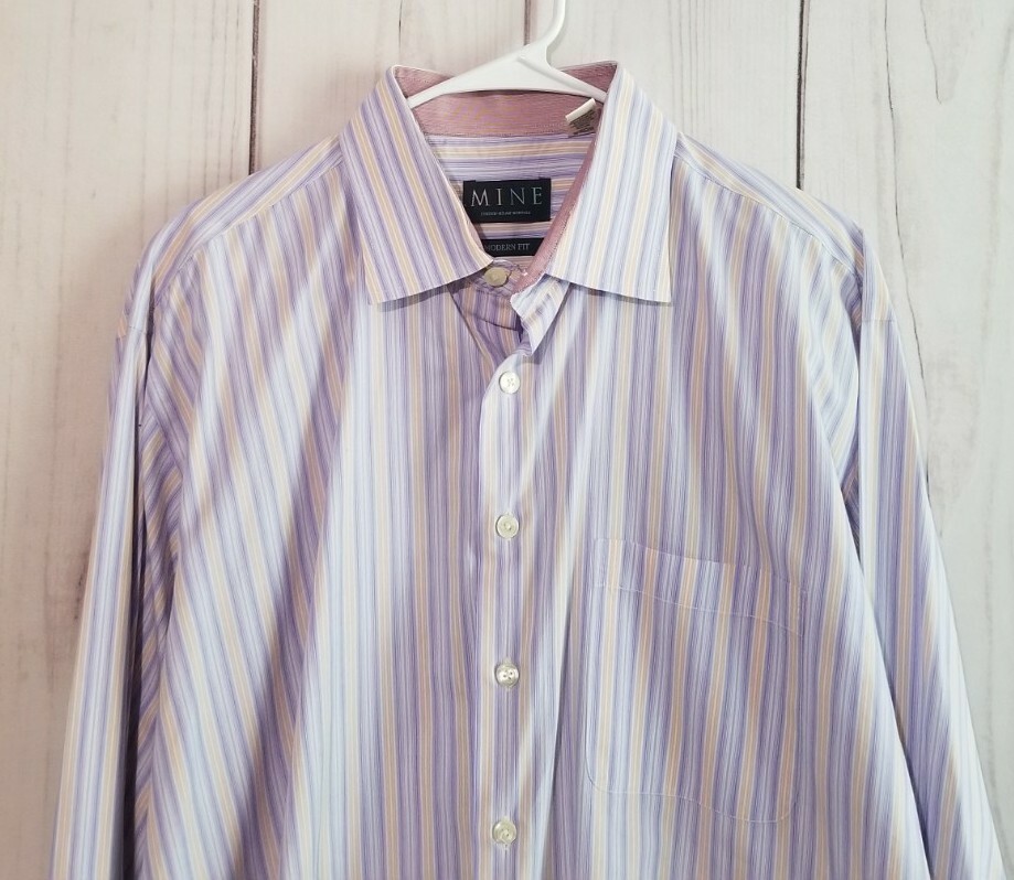 mine dress shirts MINE Dress Shirt Men’s Size XL Modern Fit Purple/Orange Stripes EUC