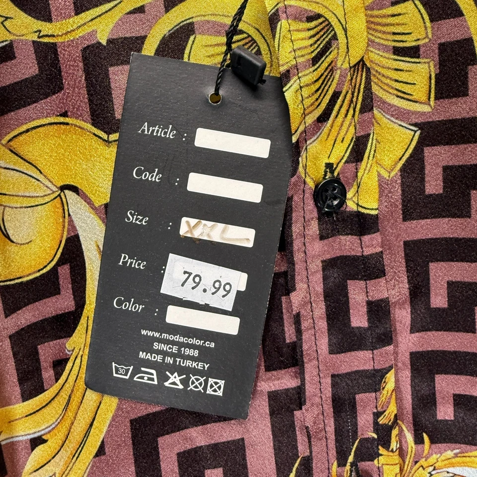 Moda Color Baroque Greek Key Shirt Mens Size 2XL Med Pink Gold Black Satin NWT - Image 2 of 4