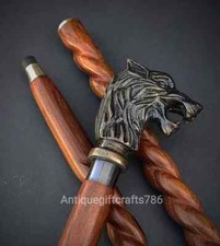 Wooden Cane Walking Stick Wolf Head Handle Vintage Handmade Design For Best Gift