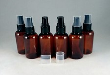 Lot 6 Amber PET 2 oz Boston Round Plastic Bottles w Black Fine Mist Pump Sprayer