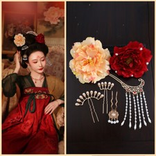 Chinese Lady Flower Hair Clip Set Tassel Hairpins Headwear Wedding Evening Party