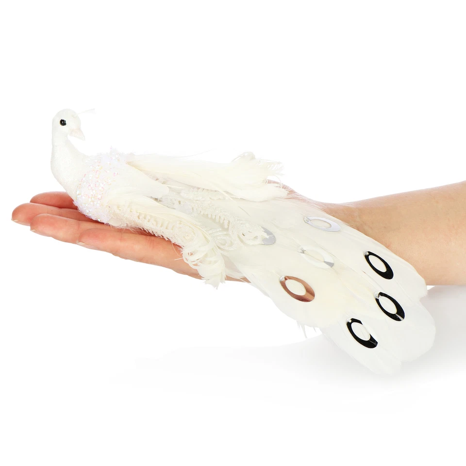 2x Christbaumschmuck Deko Vogel - Pfau mit Pailletten für Weihnachtsbaum - weiß - Bild 4 von 4