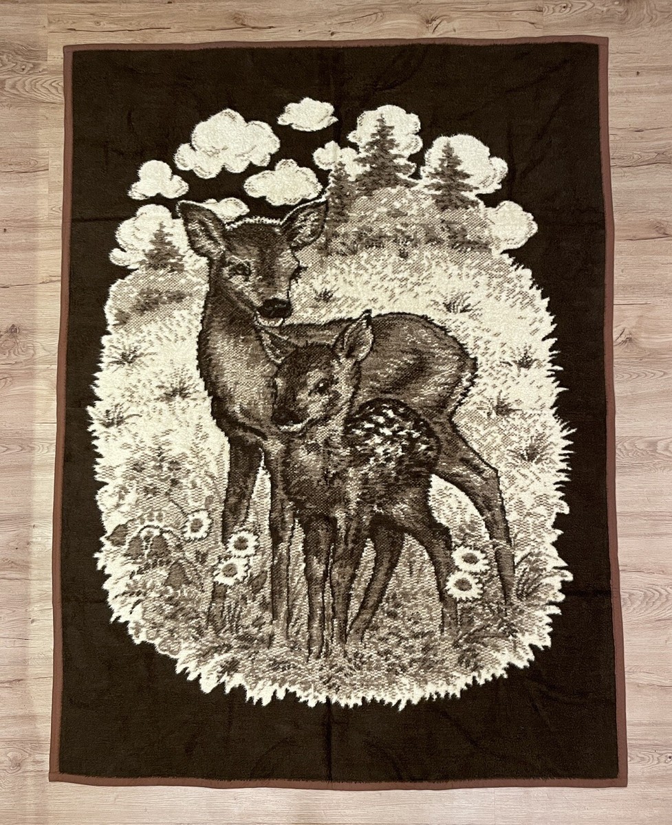 Vintage Cannon Ibena Deer Doe Fawn Bambi Blanket Brown Reversible