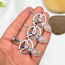 Pink Rose Quartz Earring Pendant 925 Sterling Silver Jewelry Set Birthday Gifts