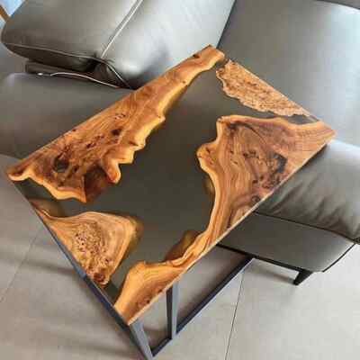 C-Shaped Black Walnut and River Stone Epoxy Sofa Table Handmade Living Room Deco