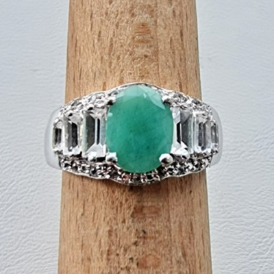 VINTAGE 925 STERLING SILBER NATUR 9x7mm. OVALER SMARAGD RING GRÖSSE 7