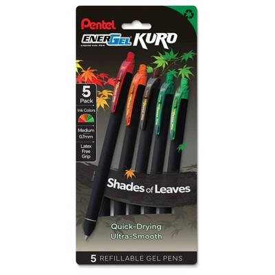 Pentel EnerGel Kuro, Shades of Leaves, Liquid Gel Pen, 0.7mm, 5-pk