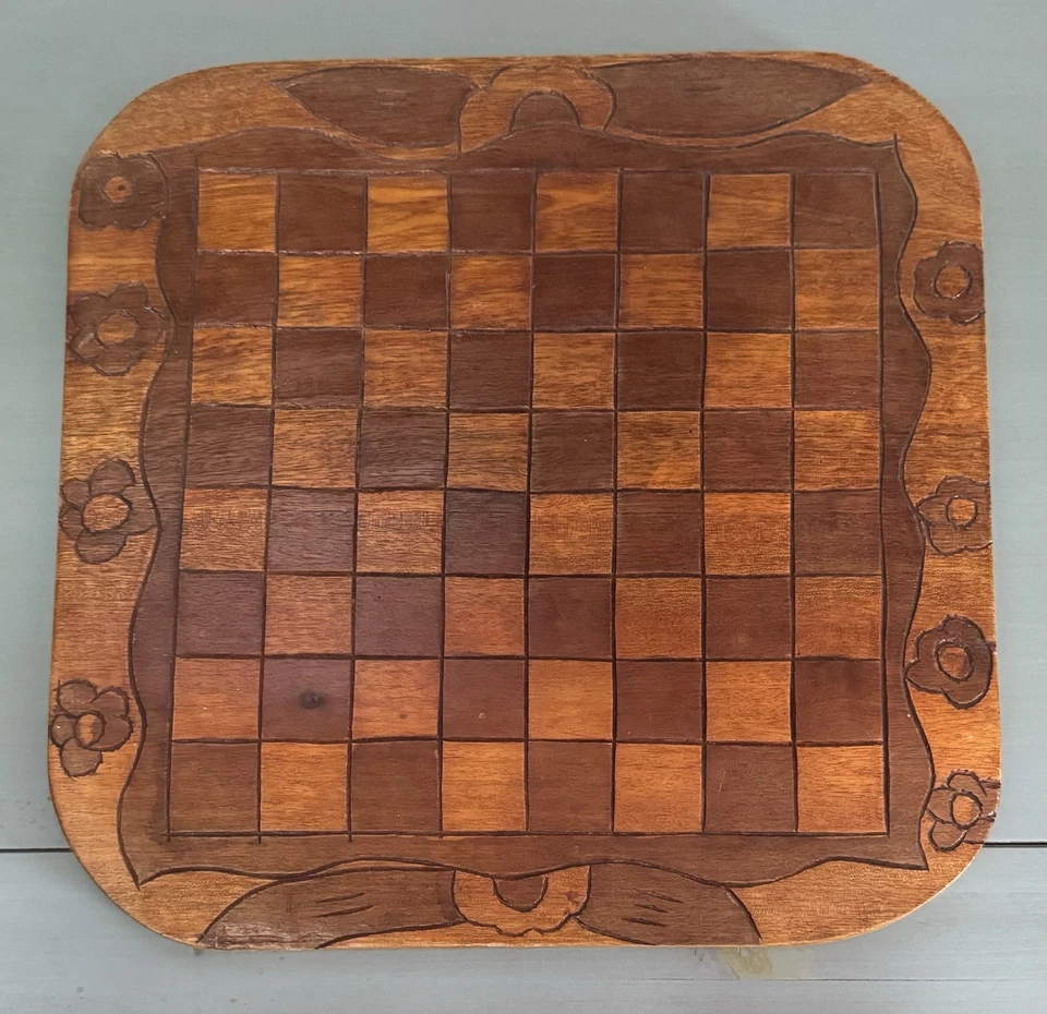 Hand Carved Wooden Checkerboard Game Board Double Sided Folk Art - Image 2 of 4