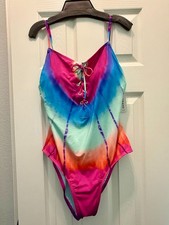 Lucky Brand Women's Letting Go Tie Dye Lace Up One-Piece Swimsuit size Large NWT