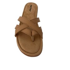 MinneTonka Women  s Tan crisscross Leather padded insole comfy Slippers Sz 12M.