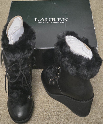 Ralph Lauren RACHELE-BO Boots 6B Black Wedge Leather Faux Fur FOR NARROW FEET