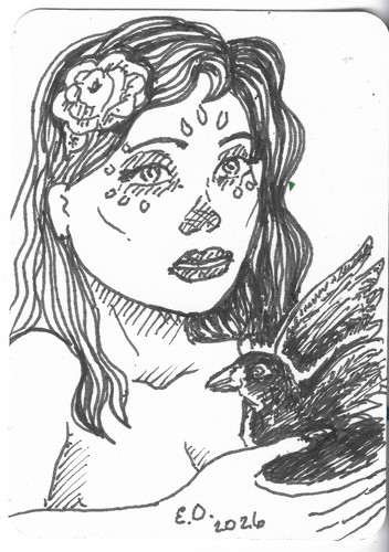 ACEO Original Pen & Ink Drawing La Catrina Day of the Dead DarkRubyMoon Art Card