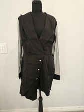 NWT Black Blazer Romper Sheer Mesh Sleeve Wrap Tuxedo Gold Button Playsuit M
