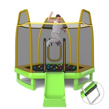 7FT Kids Recreational Trampoline w/Ladder Slide Ocean Ball Indoor Outdoor Green