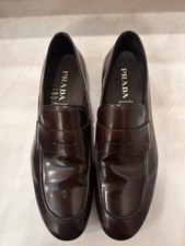 Prada Brown Leather Penny Loafers Made In Italy w/ Rubber Soles, Size 9.5