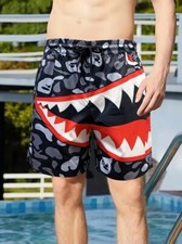 Shark Teeth Swim Trunks Swimming Board Shorts Black Gray Men's Size Large