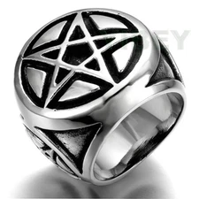 Men's Stainless Steel 3rd Pentacle Pentagram Round Signet Ring lucky Super Star