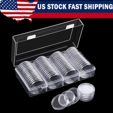 60PCS 40MM Clear Round Coin Capsules Holders Case Container with Storage Box US