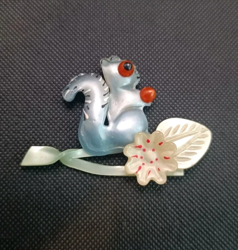 Early Plastic Delightful Blue Squirrel Vintage Celluloid Brooch Unsigned