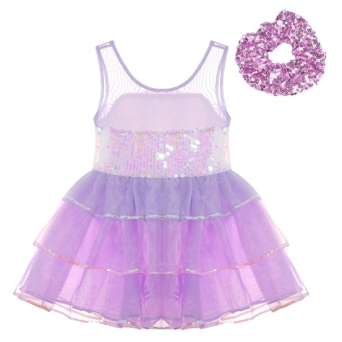 Kids Girls Gown Round Neck Tutu Dress Sequins Outfit Tulle Costume Tiered Dance - Picture 24 of 30