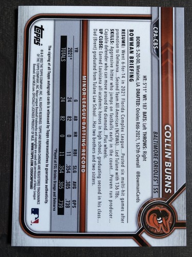 2022 Bowman Chrome Collin Burns Gold Shimmer Refractor Auto /50 Orioles - 第 2/2 張圖片