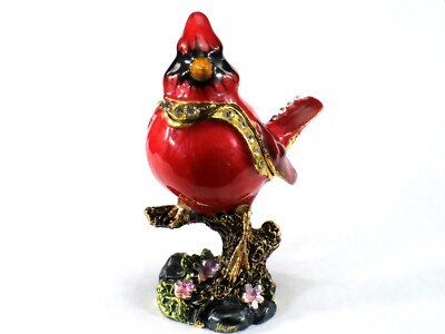 Metal Enameled Jeweled Trinket Box CARDINAL Red Bird Ciel Jay Jason 2.75 