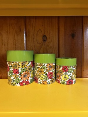 Vintage 1960s-1970s Green Pink Orange Yellow Flower Power Nesting Canisters Rare