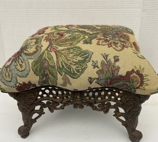 Vintage Victorian Ornate Floral Tapestry Covered Footstool w/Cast Iron Frame