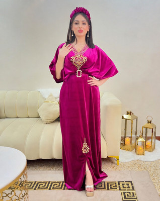 Kaftan Abendkleid Hostessenkleid rosa Samt mit Gürtel + Kopfband