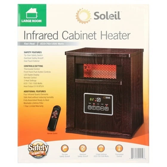 Electric Infrared Quartz Cabinet Heater with Remote 1500W Indoor Walnut - Image 2 of 4