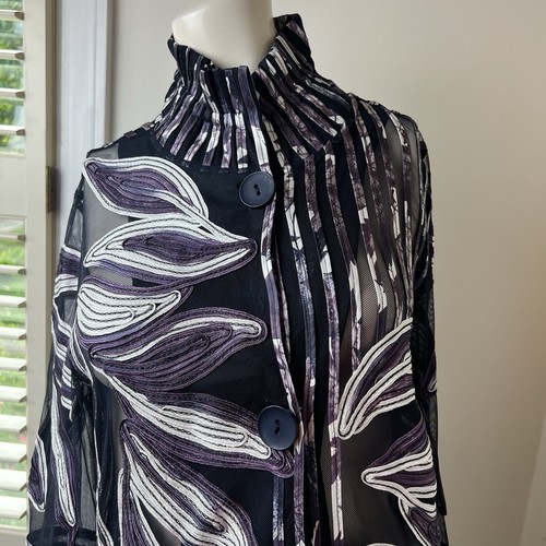 Chico's Women's Travelers Striped Floral Purple Black Jacket Sz 1 (8-10) NWT - Picture 2 of 15