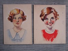 2 Aquarelles anciennes années 30'/50' - portraits de jeunes filles