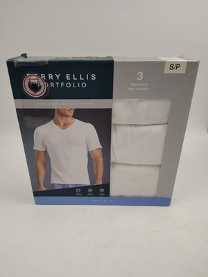 NIB Perry Ellis Portfolio 3 Pack Men's Small V-Neck White T-Shirt Cotton Blend