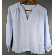 H by Halston Sm Light blue Linen V-Neck Bishop Sleeve Costal Blouse Summer Work