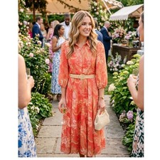 Tahari ASL Womens Kos Coral Paisley Belted Fit & Flare Midi Dress Size 12 DAM692