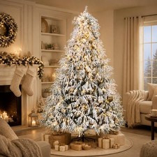 Snow Flocked 7ft Norfolk Pine Xmas Tree Pre Lit 400 LED Lights For Home Party