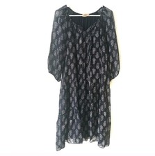 Cartoon Floral Sheer Ruffle Peasant Dress Navy Balloon Sleeve Midi