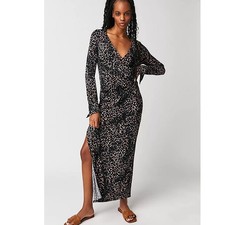 New Free People Shayla Wrap Midi Dress $128 MEDIUM Black Combo