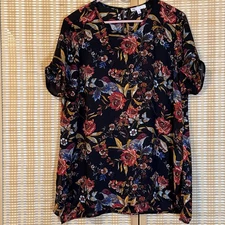 DR2 Womens L Floral Bird Print Black Short Sleeve Top Keyhole Fairycore Boho