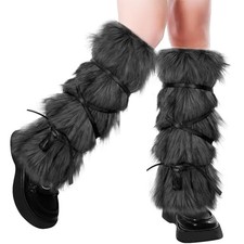 Faux Fur Fuzzy Leg Warmers with Strap Winter Warm Furry Boots One Size Gray