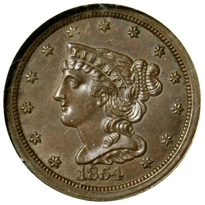       NGC MS64 BN 1854 BRAIDED HAIR HALF CENT