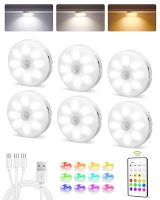 6-Pack RGB Under Cabinet Lights with Remote, Rechargeable Motion Sensor Puck ...