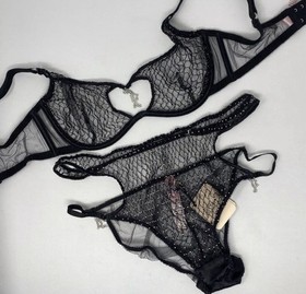 Agent Provocateur Madge Set 34C And Size 3 Panty Set Of 3 Black And Silver