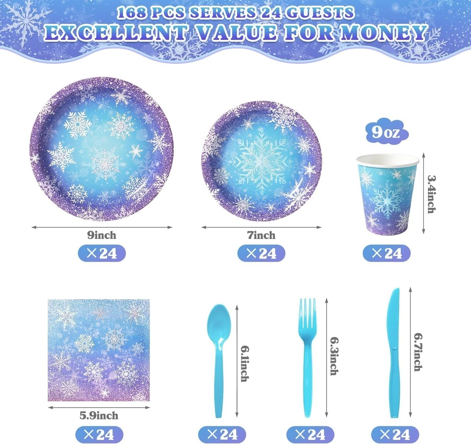 Vajilla Desechable Navidad Copo de Nieve Congelado (Platos, Tazas, Servilletas, Utensilio) Foto 2 de 4