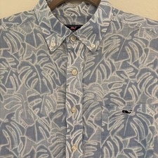 Vineyard Vines Linen Blue Classic Fit Tucker Mens L Button Down Shirt Palm Leaf