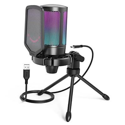  Gaming USB Microphone for PC PS5, Condenser Mic with Quick Mute, RGB Black