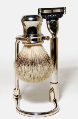 Hans Baier Germany Shaving Set Brush Badger Silverspitz Razor Brass