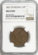 1821 SAINT HELENA BRITISH EAST INDIA CO. 1/2 PENNY KING GEORGE IV NGC MS 63 BN