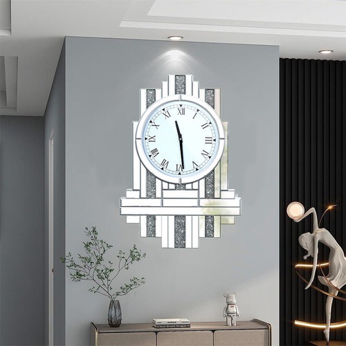 Chic Crystal Crush Diamond Wall Clock Silver Beveled Glass Mirror Quartz Clock - Picture 10 of 19